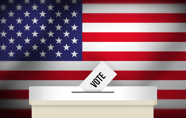 United States Voting Box and Elections Concept Abstract background with Waving Flag in the backdrop. elections and vote.
