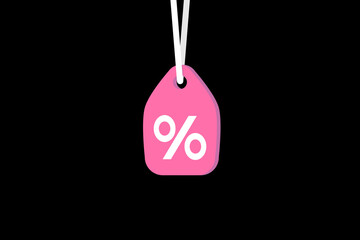 minimalist discount sign symbol, percent mark on pink tag on black background