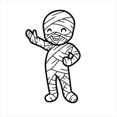Fototapeta na wymiar Cute little boy mummy cartoon waving hand vector image, mummy illustration , coloring book page for kids 