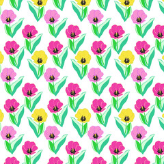 A pattern of multicolored tulips and green leaves
