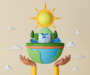 3d rendering solar energy illustration. Electricity generated by using solar panel. Concept renewable energy and sustainable resource. © pprothien