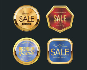 Collection of golden badges and labels with conical gradient retro style 