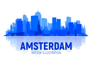 Obraz premium Amsterdam skyline silhouette with panorama in white background. Vector Illustration. Business travel and tourism concept with modern buildings. Image for presentation, banner, web site.