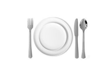Close up of empty blank ceramic plate and cutlery on wooden table. Mock up isolated on white, 3D Rendering.