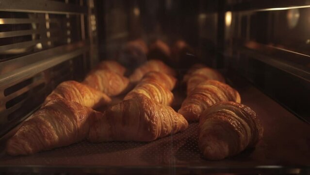 Timelapse of Freshly baked croissants. Classic Viennoiserie made of puff pastry looking yummy. French bakery concept.