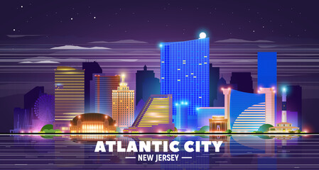 Atlantic City (New Jersey) skyline at night background. Flat vector illustration. Business travel and tourism concept with modern buildings. Image for banner or web site.
