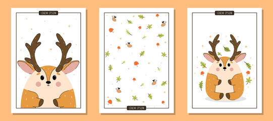 Set of flyers with cute woodland animals, set of postcards with forest animals , set of A4 illustrations for a poster with cute vector bear, deer, hedgehog, animals in the forest