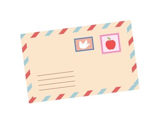 Obraz premium Envelope with mail concept. Craft envelope with letter or postcard from vacation, postage stamps and recipient address. Postal service. Cartoon flat vector illustration isolated on white background