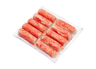 Crab sticks in plastic packaging isolated on white background