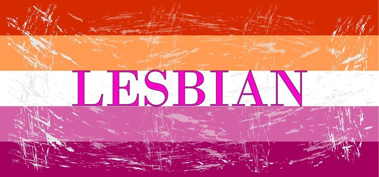 Blurred five-stripe lesbian flag with pink "Lesbian" text in the middle.