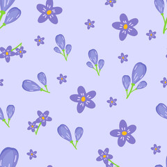 Lilac Flowers and leaf seamless pattern. Scandinavian style background. Vector illustration for fabric design, gift paper, baby clothes, textiles, cards