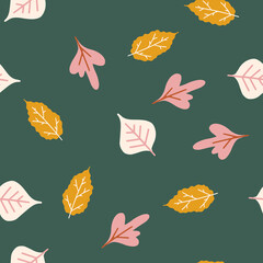 Leaves in Scandinavian style seamless pattern. Vector illustration for fabric design, gift paper, baby clothes, textiles, cards.