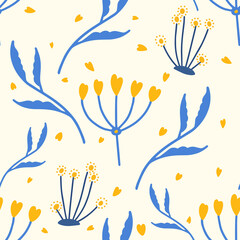 Fototapeta na wymiar Flowers and leaf seamless pattern. Scandinavian style background. Vector illustration for fabric design, gift paper, baby clothes, textiles, cards