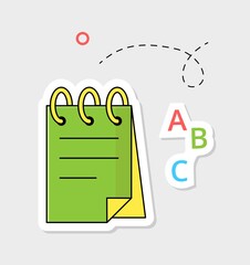 Back to school sticker. Bright badge with notebook for educational notes and letters of alphabet. Grammar lesson. Getting knowledge. Cartoon flat vector illustration isolated on beige background