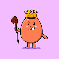 Cute cartoon brown cute egg mascot as wise king with golden crown and wooden stick