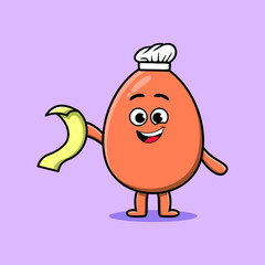 Cute cartoon brown cute egg chef character with menu in hand
