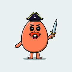 Cute cartoon mascot character brown cute egg pirate with hat and holding sword in modern design