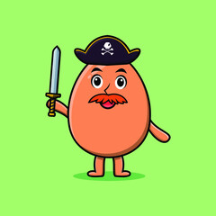 Cute cartoon mascot character brown cute egg pirate with hat and holding sword in modern design