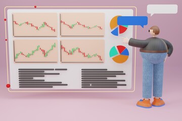 3D cartoon character business man trader analyst, financial ​chart trading online investment data on cryptocurrency stock market graph on pc scree - 3D rendering