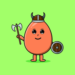 Cute cartoon character Brown cute egg viking pirate with hat and holding ax and shield in modern design 