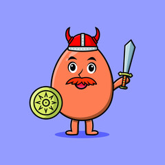 Cute cartoon character Brown cute egg viking pirate with hat and holding sword and shield in cute modern style design 