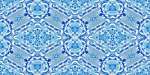  Blue white watercolor azulejo tile border background. Seamless coastal geometrical floral mosaic effect banner. Ornamental arabesque summer fashion repeat edge trim.