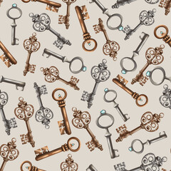 Seamless pattern. set of hand drawn vintage keys. Sketch style illustration isolated on beige background. Old design.