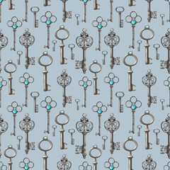 Seamless pattern. set of hand drawn vintage keys. Sketch style illustration isolated on gray background. Old design.