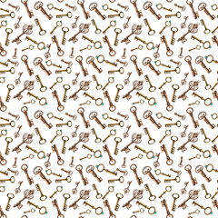 Seamless pattern. set of hand drawn vintage keys. Sketch style illustration isolated on white background. Old design.