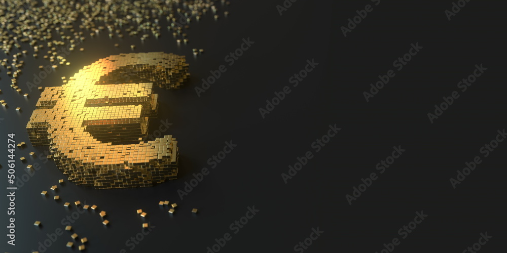 Poster euro symbol made with golden blocks. digital currency or blockchain fintech concepts, 3d rendering