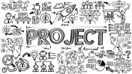 Business words and phrases typography doodle graphic with concept icons and symbols