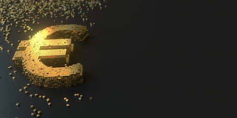 Euro symbol made with golden blocks. Digital currency or blockchain fintech concepts, 3D rendering