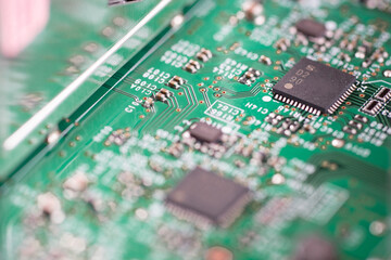 Closeup of semiconductor IC on electronic circuit board