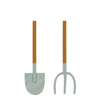 Farming and agriculture concept. Metal shovel and pitchfork or rake with wooden handle. Equipment and tools for working in garden or farm. Cartoon flat vector illustration isolated on white background