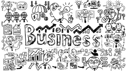 Fototapeta na wymiar Business words and phrases typography doodle graphic with concept icons and symbols