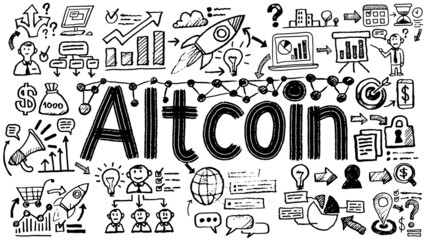 Business words and phrases typography doodle graphic with concept icons and symbols