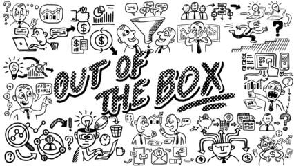 Business words and phrases typography doodle graphic with concept icons and symbols