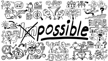 Business words and phrases typography doodle graphic with concept icons and symbols