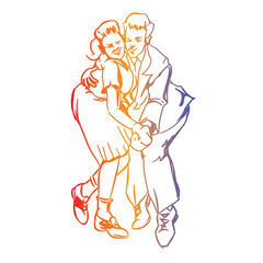 swing dancers, jive dancing together with band silhouette