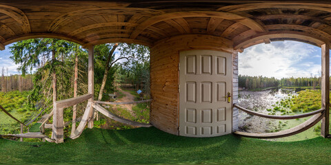 Full seamless 360 degree HDRI spherical panorama. Tower for hunters with video surveillance cameras...