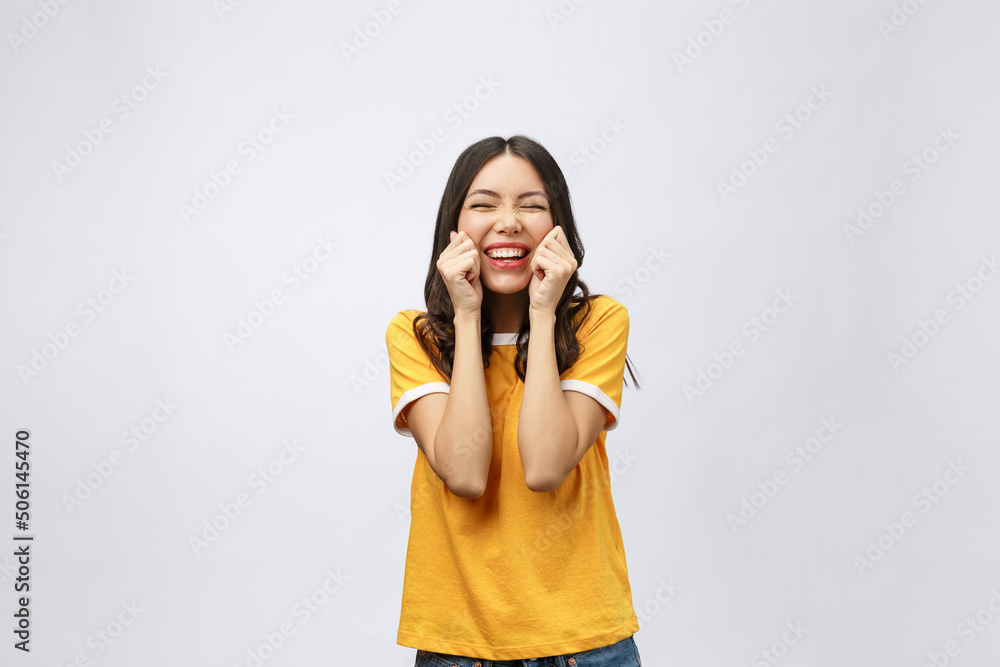 Wall mural Happy young asian woman with blank copy space area for text or slogan,Closeup portrait of beautiful Asian woman,girl,Positive human emotion facial expression,isolated on white background