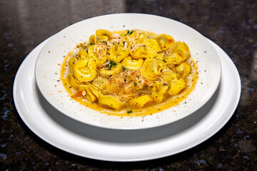 Traditional Italian tortellini (capeletti, agnolini) soup with chicken and vegetables, special soup for cold nights