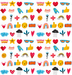 Cute and fun emoji icons pattern. Hand-drawn comics style, vector file.