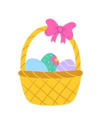 Happy Easter Sticker. Bright cute icon with wicker basket, bow and painted festive eggs. Symbol of traditional Christian holiday. Cartoon flat vector illustration isolated on white background