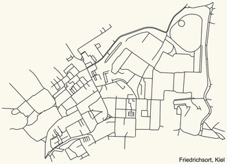 Detailed navigation black lines urban street roads map of the FRIEDRICHSORT DISTRICT of the German regional capital city of Kiel, Germany on vintage beige background