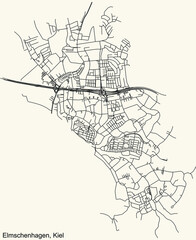 Detailed navigation black lines urban street roads map of the ELMSCHENHAGEN DISTRICT of the German regional capital city of Kiel, Germany on vintage beige background