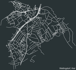 Detailed negative navigation white lines urban street roads map of the WELLINGDORF DISTRICT of the German regional capital city of Kiel, Germany on dark gray background