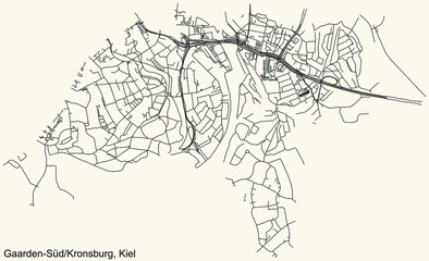 Detailed navigation black lines urban street roads map of the GAARDEN-SÜD UND KRONSBURG DISTRICT of the German regional capital city of Kiel, Germany on vintage beige background