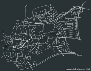 Detailed negative navigation white lines urban street roads map of the HASSELDIEKSDAMM DISTRICT of the German regional capital city of Kiel, Germany on dark gray background
