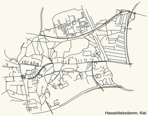 Fototapeta na wymiar Detailed navigation black lines urban street roads map of the HASSELDIEKSDAMM DISTRICT of the German regional capital city of Kiel, Germany on vintage beige background